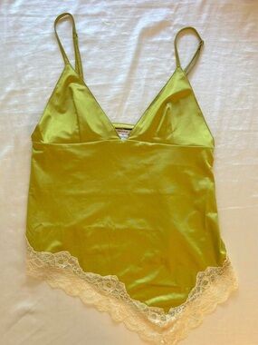 Kimchi Blue Olive Green Satin Slip Cami with Cream Lace